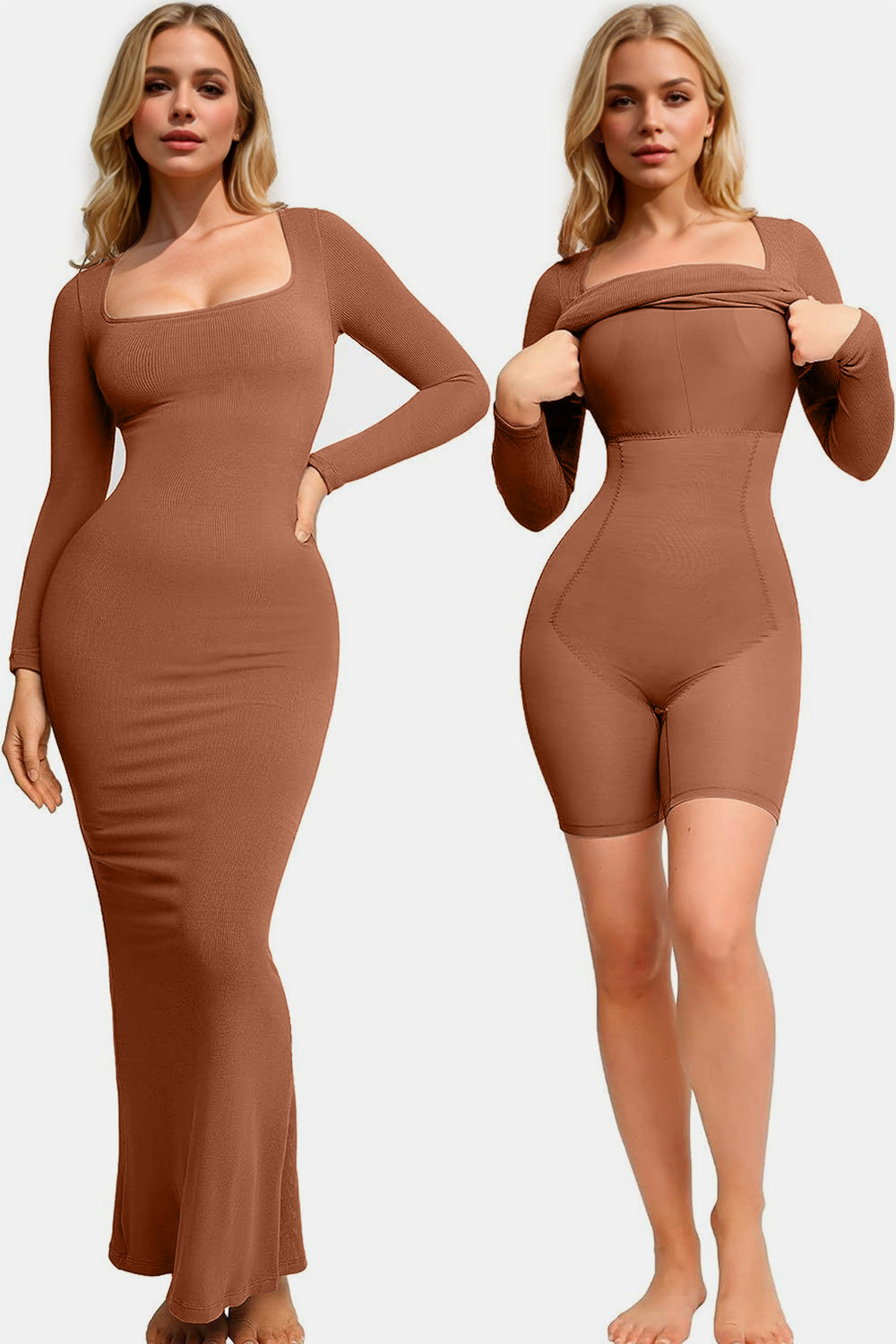 Basic Built-In Shapewear Square Neck Long Sleeve Maxi Dress
