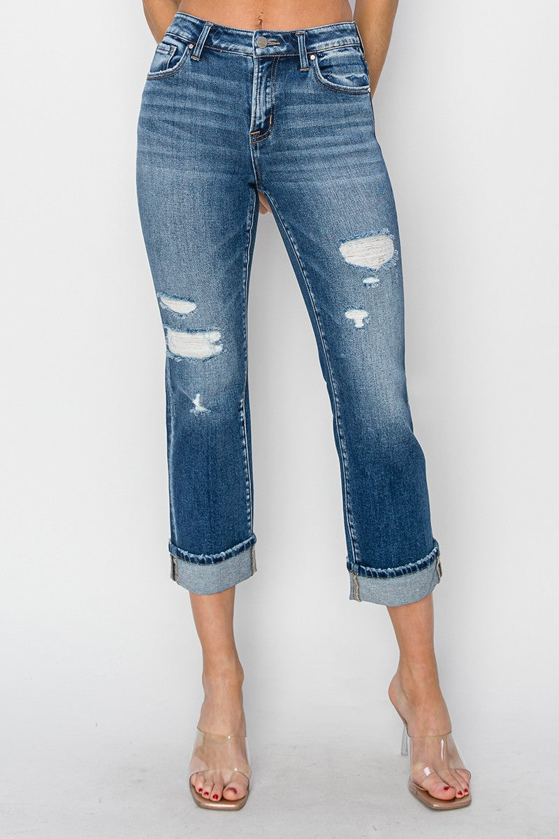 Full Size Cuffed Ankle Distressed Straight Jeans